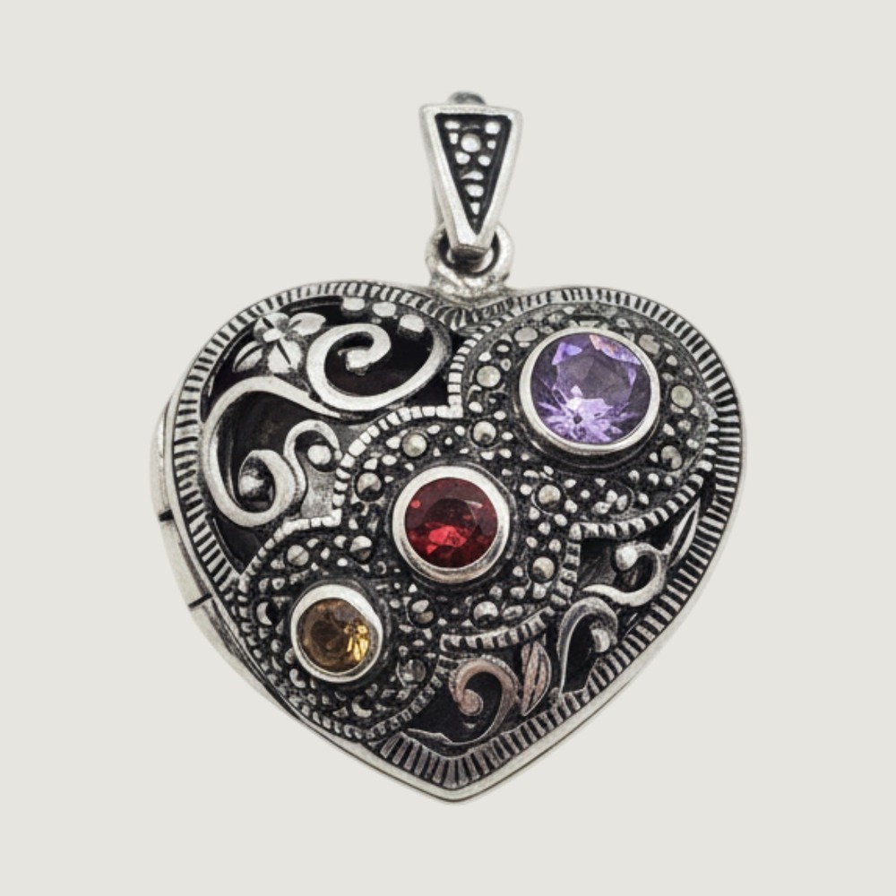 Vintage 925 Sterling Silver Heart Locket Filigree Marcasite Gemstone Pendant